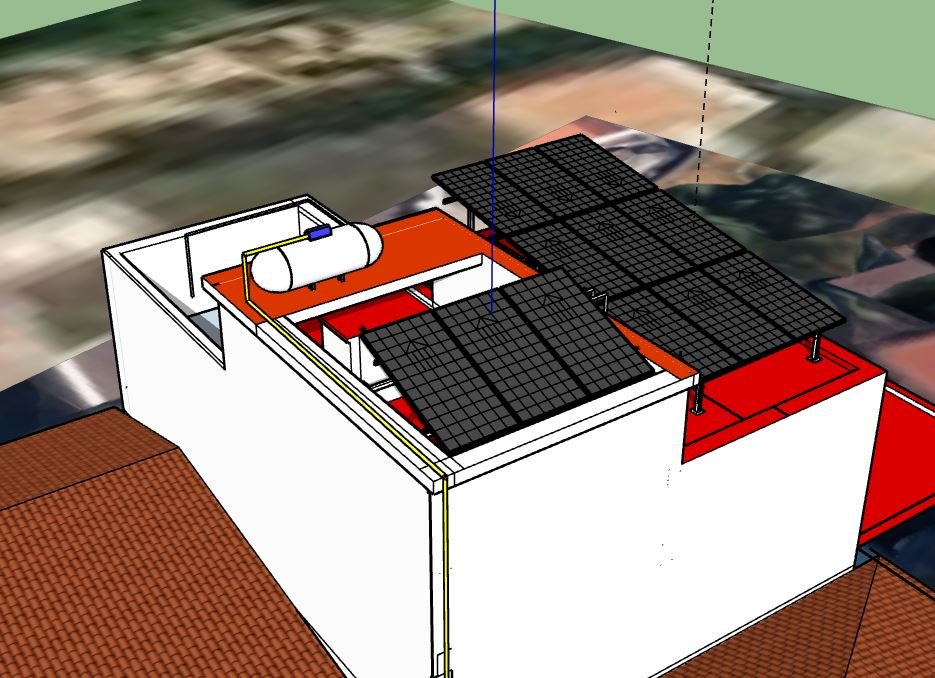 Render de arreglo fotovoltaico residencial, detalle de fijación