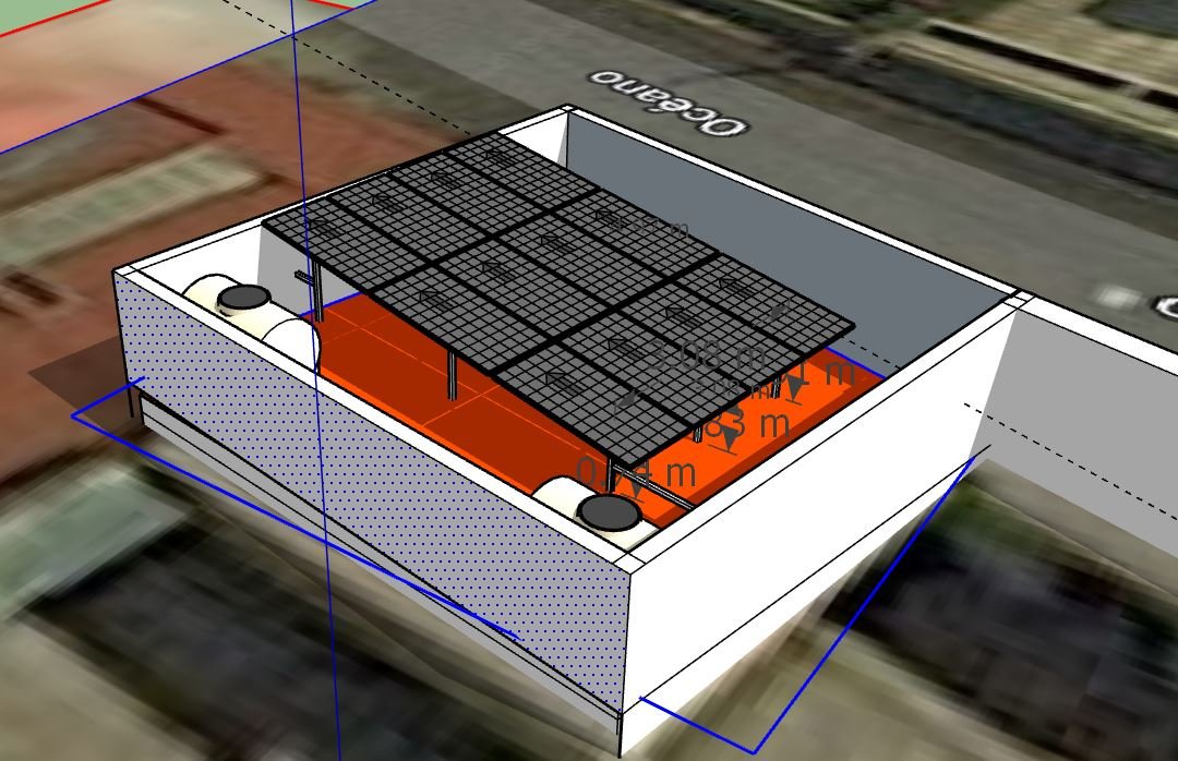 Render de sistema fotovoltaico residencial en azotea